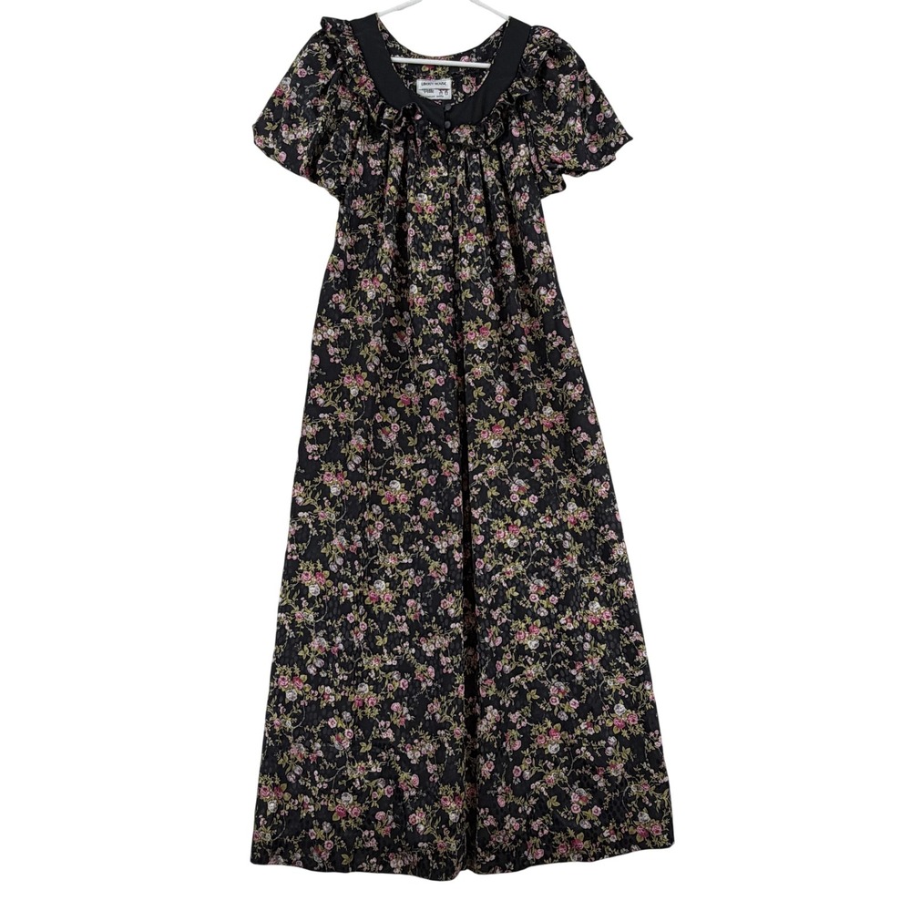 Vintage Liberty House Dress Womens Petite Small Black Floral Maxi Muumuu Hawaii